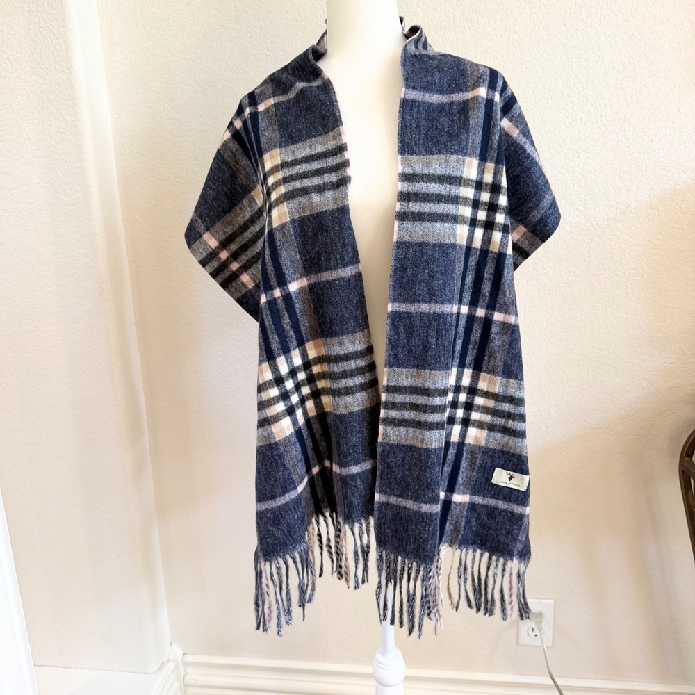 House of Tweed Blue Plaid Fringed Scarf Wrap Viscose Blend Tartan 72x13